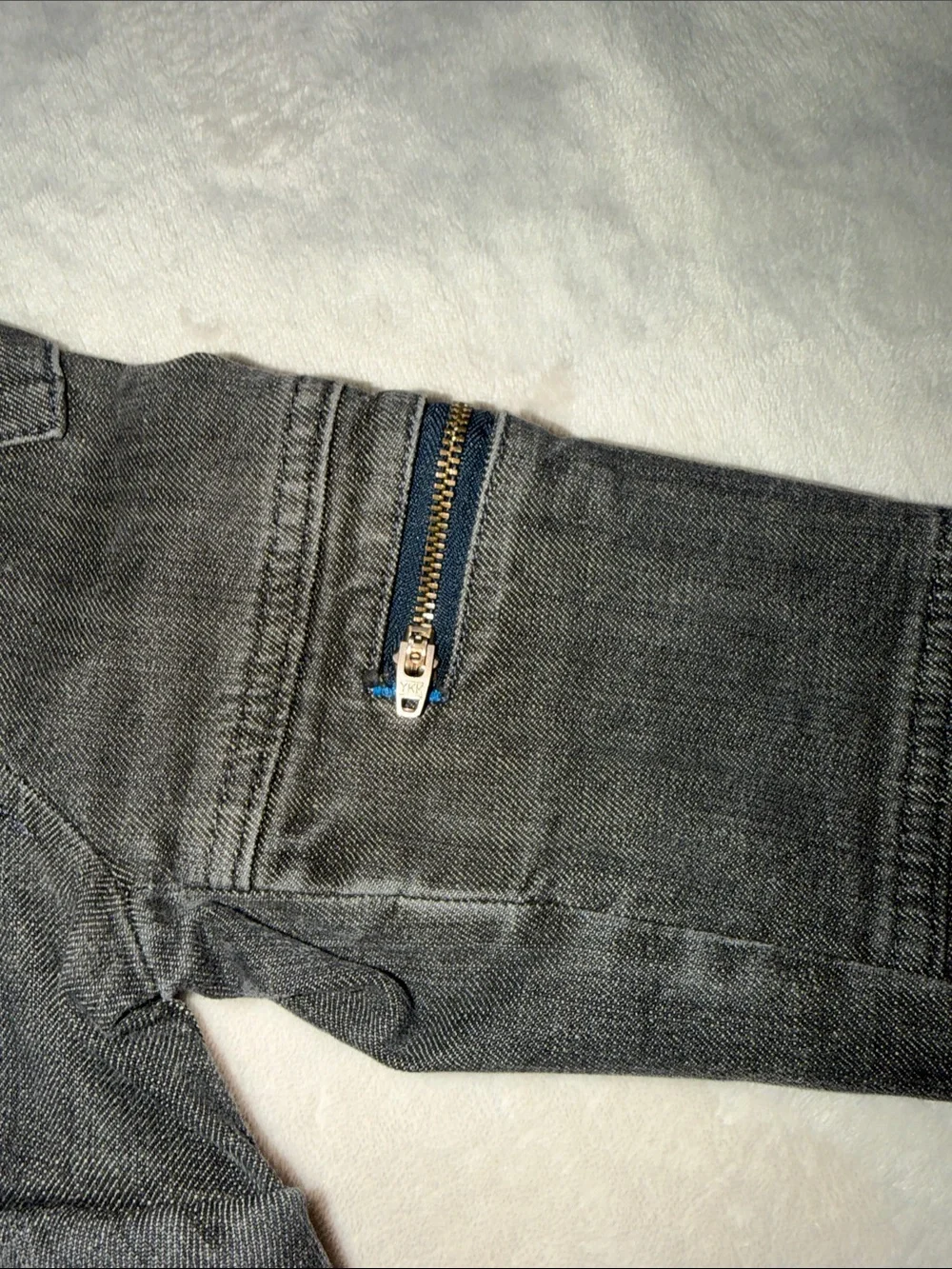 Free People Size 4 Y2K Grey Moto Denim Jacket Utility Zip Pockets Drawstring Hem